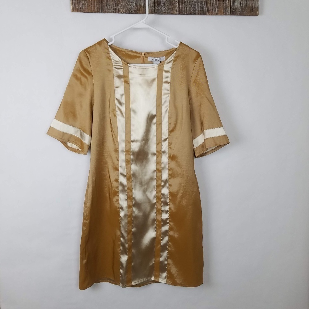 Vertigo Paris Gold Striped Colorblock Short Sleeve Shift Mini Dress – Size Large - Picture 2 of 6